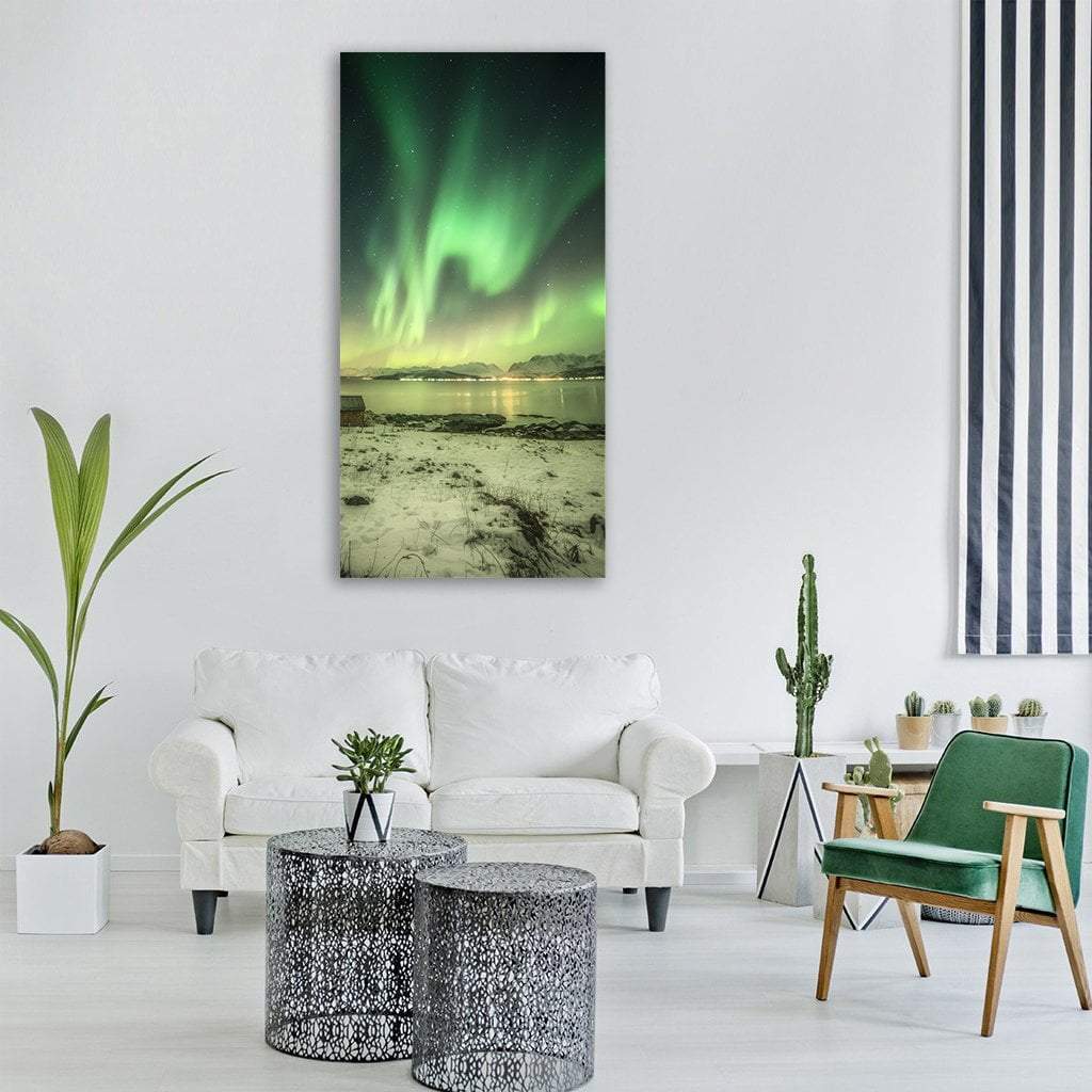Northern Lights Over House In Winter Vertical Canvas Wall Art-3 Vertical-Gallery Wrap-12" x 25"-Tiaracle