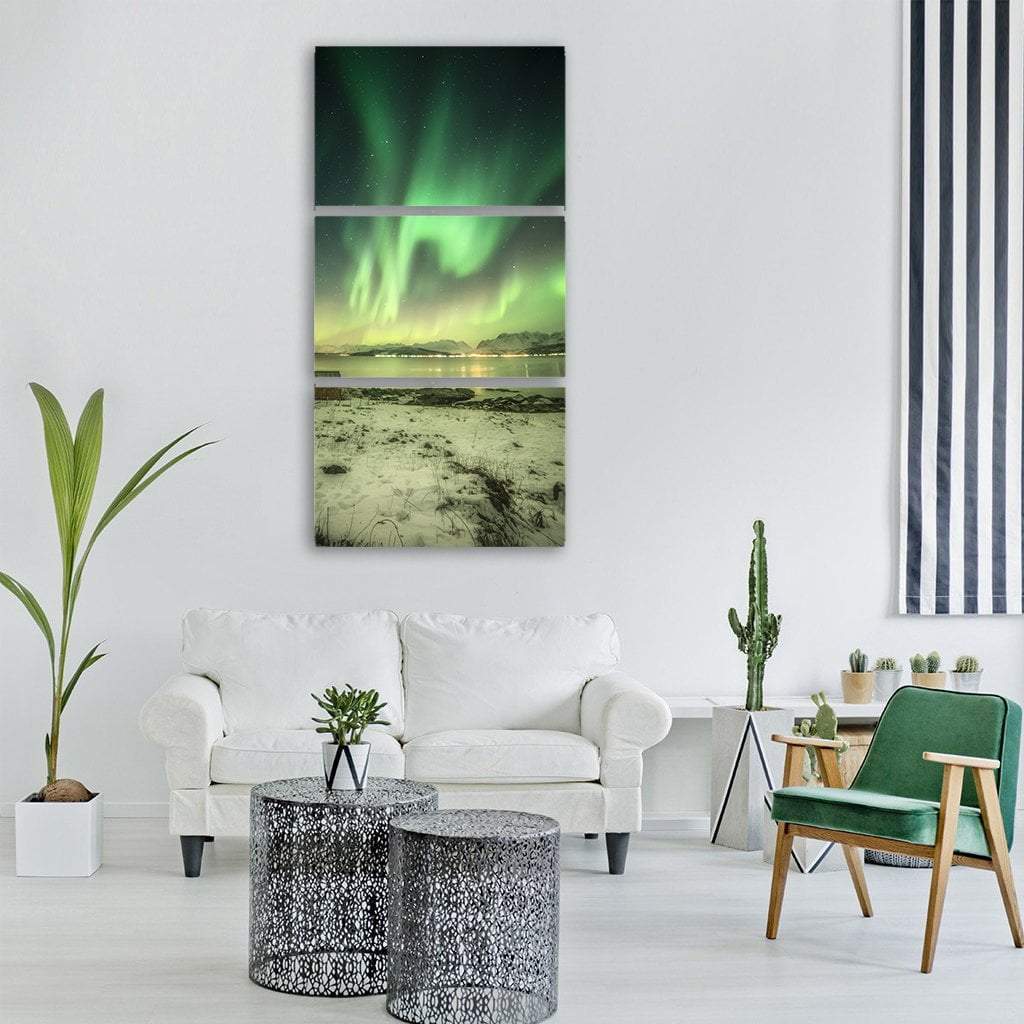 Northern Lights Over House In Winter Vertical Canvas Wall Art-3 Vertical-Gallery Wrap-12" x 25"-Tiaracle