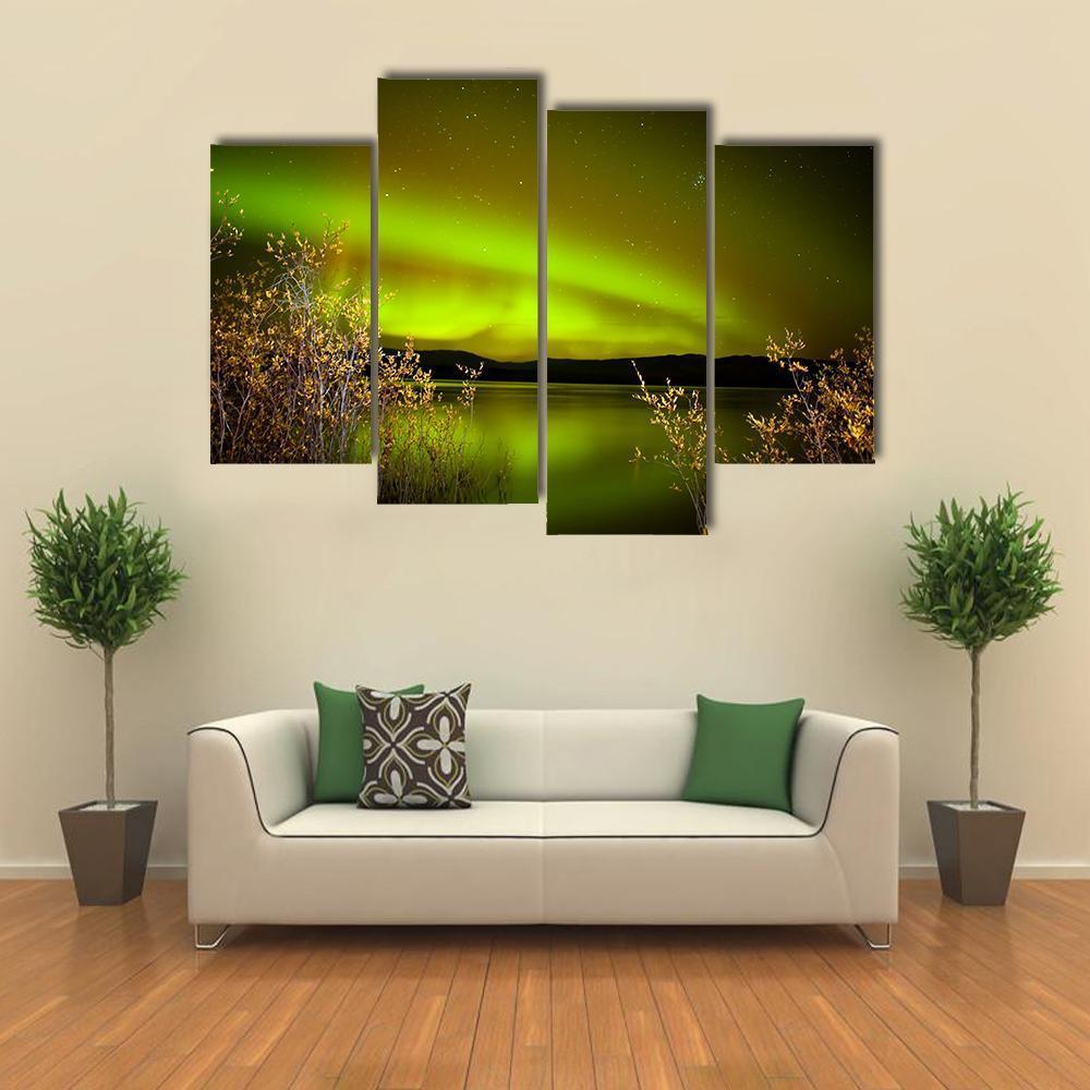 Northern Lights Over Lake Canvas Wall Art-4 Pop-Gallery Wrap-50" x 32"-Tiaracle