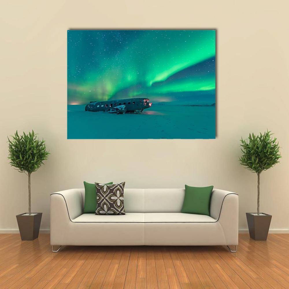 Northern Lights Over Plane Wreck Canvas Wall Art-5 Horizontal-Gallery Wrap-22" x 12"-Tiaracle