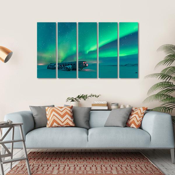Northern Lights Over Plane Wreck Canvas Wall Art-5 Horizontal-Gallery Wrap-22" x 12"-Tiaracle