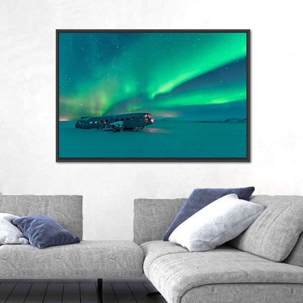 Northern Lights Over Plane Wreck Canvas Wall Art-3 Horizontal-Gallery Wrap-25" x 16"-Tiaracle