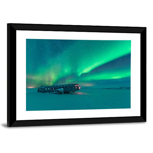 Northern Lights Over Plane Wreck Canvas Wall Art-3 Horizontal-Gallery Wrap-25" x 16"-Tiaracle