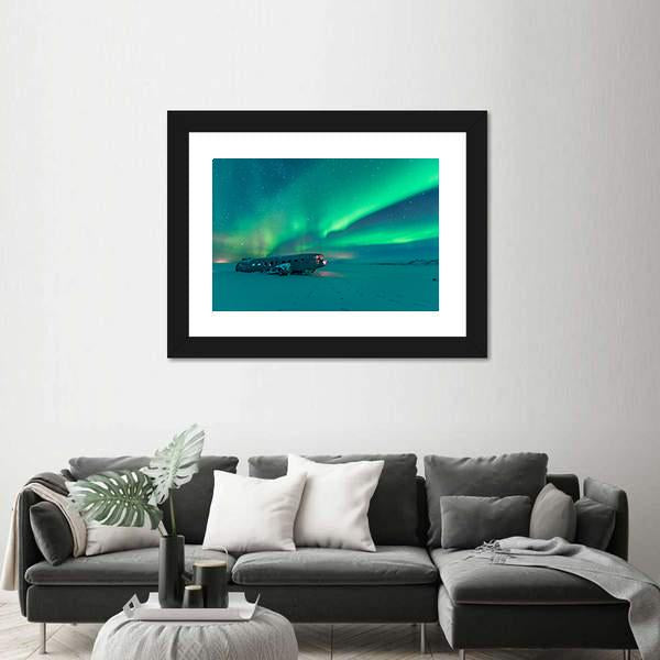Northern Lights Over Plane Wreck Canvas Wall Art-3 Horizontal-Gallery Wrap-25" x 16"-Tiaracle