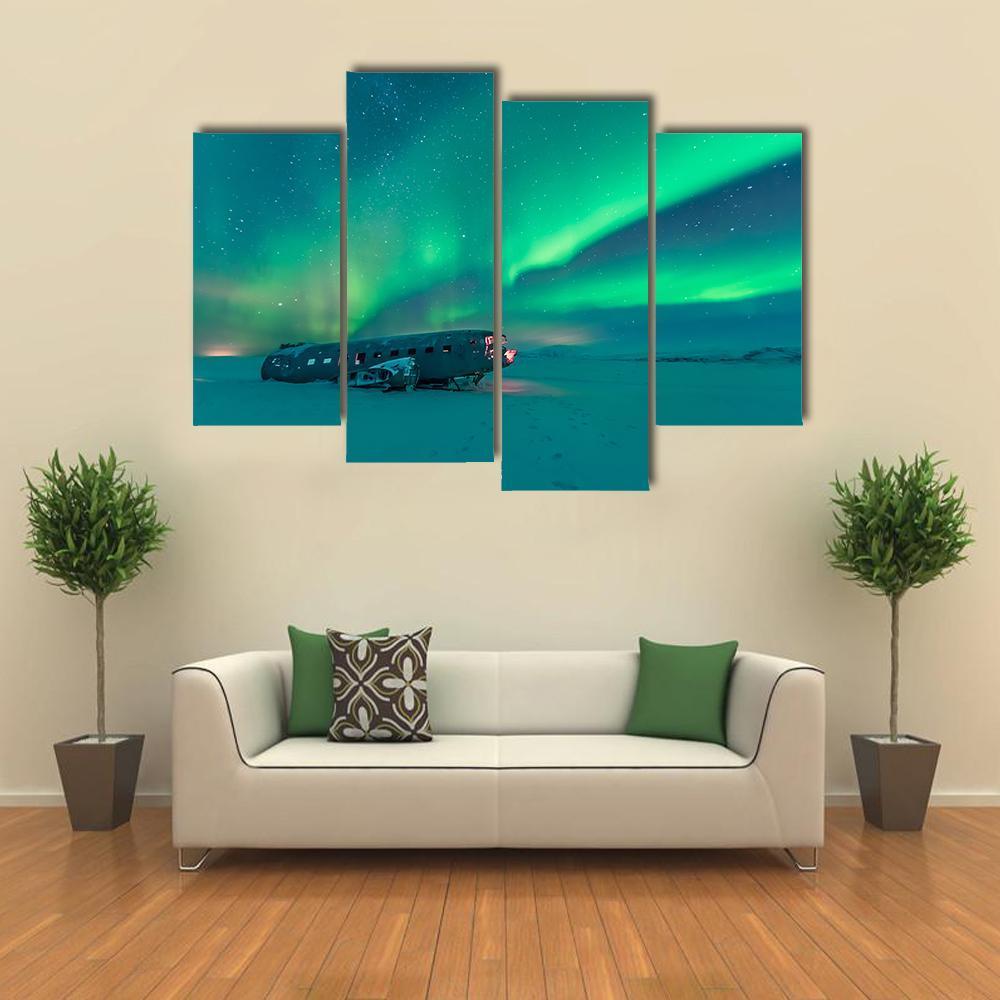 Northern Lights Over Plane Wreck Canvas Wall Art-4 Pop-Gallery Wrap-50" x 32"-Tiaracle