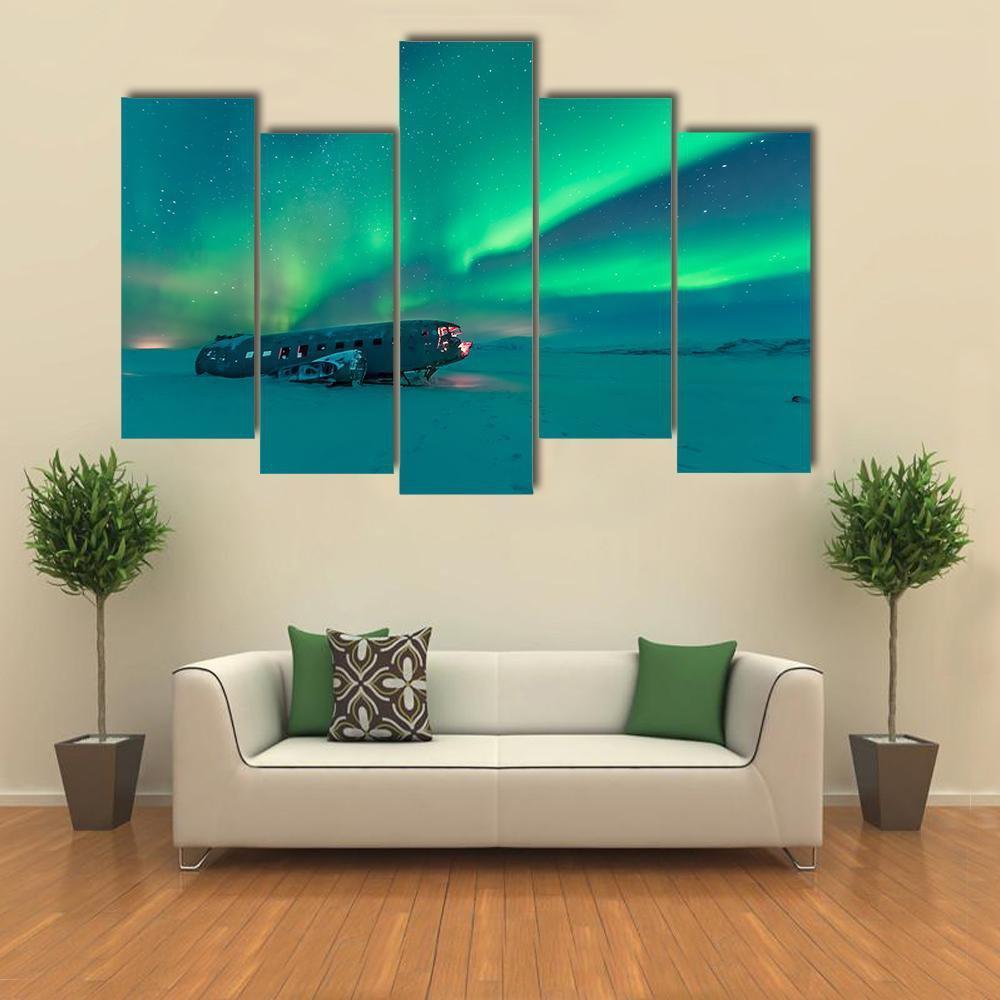 Northern Lights Over Plane Wreck Canvas Wall Art-5 Pop-Gallery Wrap-47" x 32"-Tiaracle
