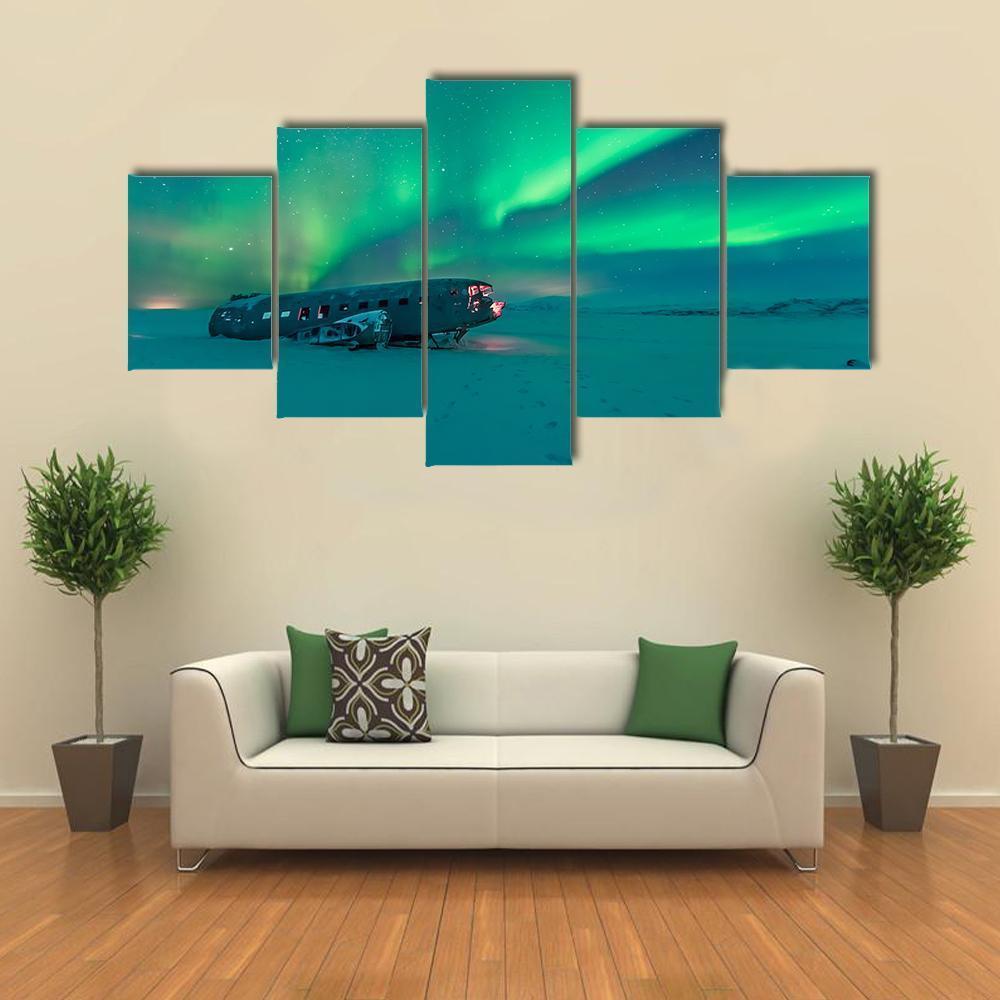 Northern Lights Over Plane Wreck Canvas Wall Art-3 Horizontal-Gallery Wrap-37" x 24"-Tiaracle