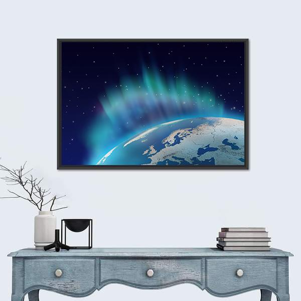 Northern Lights Over Planet Earth Canvas Wall Art-1 Piece-Floating Frame-24" x 16"-Tiaracle