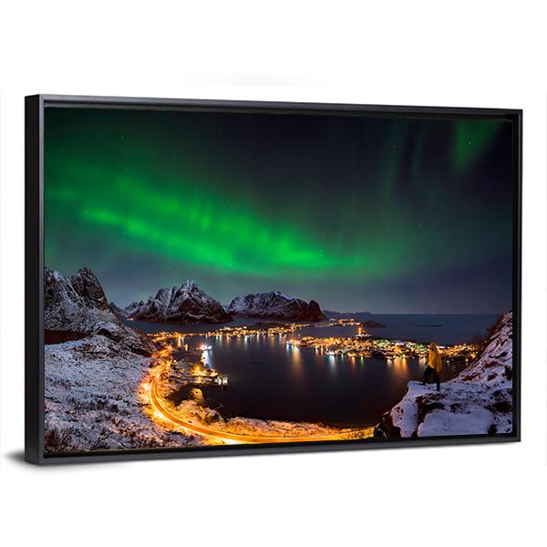 Northern Lights Over Reine Canvas Wall Art-3 Horizontal-Gallery Wrap-25" x 16"-Tiaracle