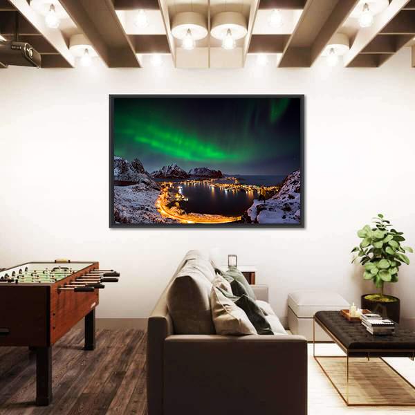 Northern Lights Over Reine Canvas Wall Art-3 Horizontal-Gallery Wrap-25" x 16"-Tiaracle