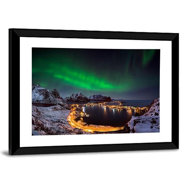 Northern Lights Over Reine Canvas Wall Art-3 Horizontal-Gallery Wrap-25" x 16"-Tiaracle