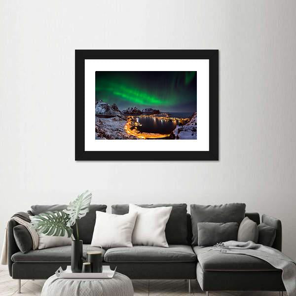 Northern Lights Over Reine Canvas Wall Art-3 Horizontal-Gallery Wrap-25" x 16"-Tiaracle
