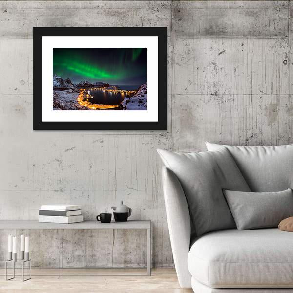 Northern Lights Over Reine Canvas Wall Art-3 Horizontal-Gallery Wrap-25" x 16"-Tiaracle