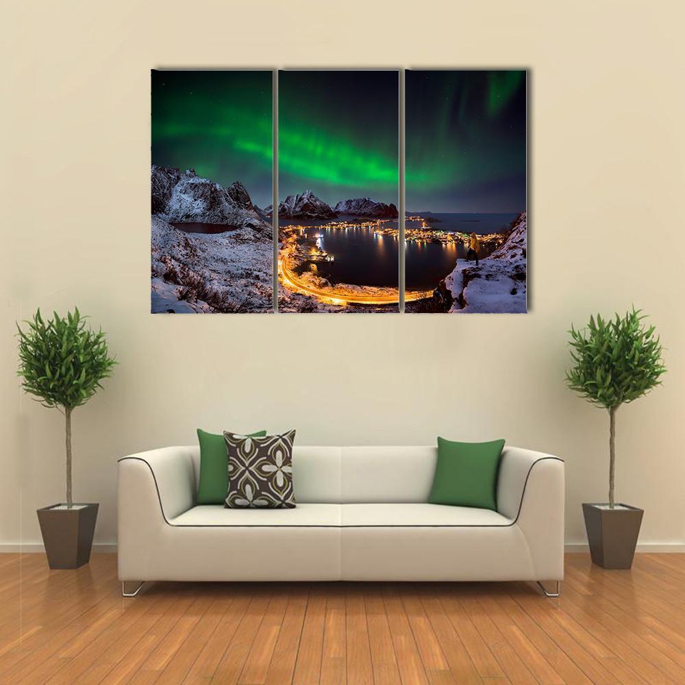Northern Lights Over Reine Canvas Wall Art-3 Horizontal-Gallery Wrap-37" x 24"-Tiaracle