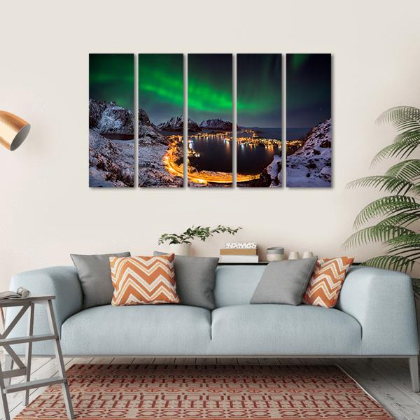 Northern Lights Over Reine Canvas Wall Art-5 Horizontal-Gallery Wrap-22" x 12"-Tiaracle