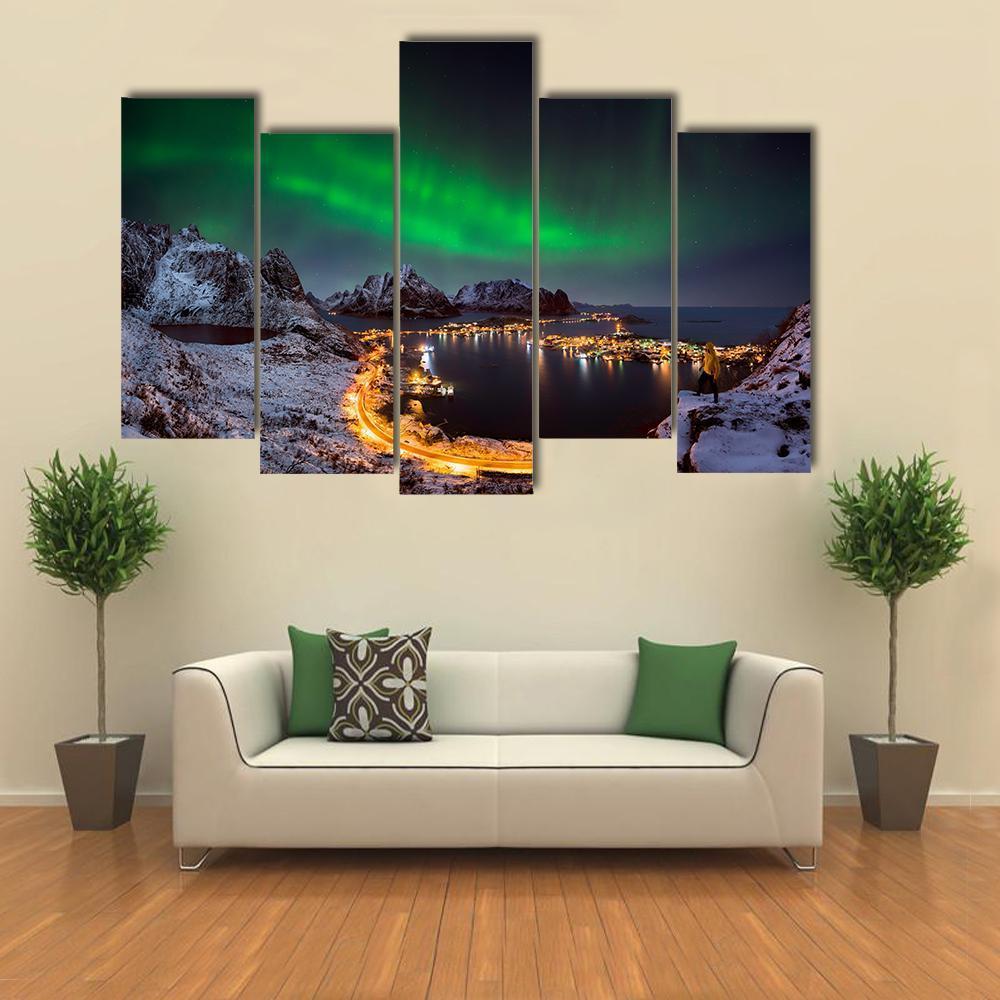 Northern Lights Over Reine Canvas Wall Art-5 Pop-Gallery Wrap-47" x 32"-Tiaracle