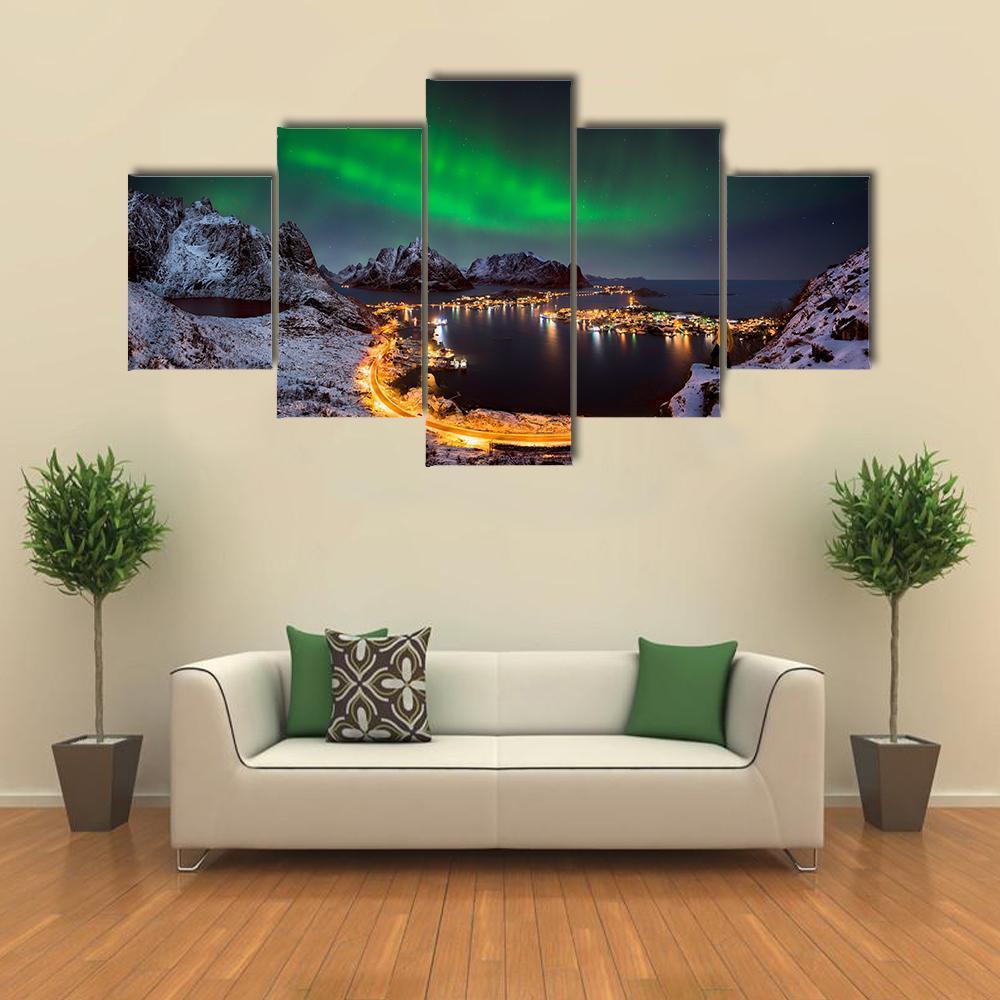Northern Lights Over Reine Canvas Wall Art-5 Star-Gallery Wrap-62" x 32"-Tiaracle