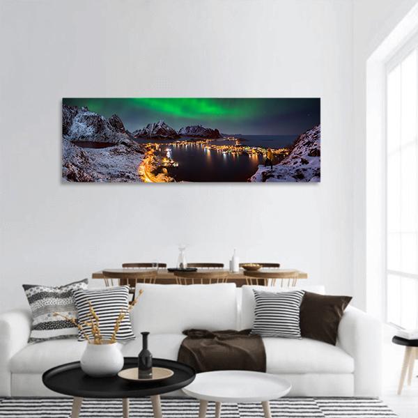 Northern Lights Over Reine Panoramic Canvas Wall Art-3 Piece-25" x 08"-Tiaracle