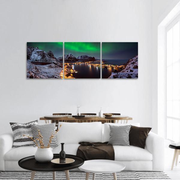 Northern Lights Over Reine Panoramic Canvas Wall Art-3 Piece-25" x 08"-Tiaracle