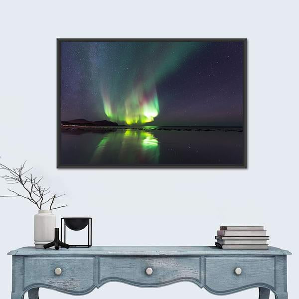 Northern Lights Over Skagsanden Beach Canvas Wall Art-1 Piece-Floating Frame-24" x 16"-Tiaracle