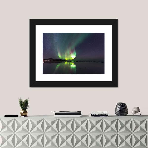 Northern Lights Over Skagsanden Beach Canvas Wall Art-1 Piece-Framed Print-20" x 16"-Tiaracle
