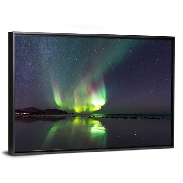 Northern Lights Over Skagsanden Beach Canvas Wall Art-3 Horizontal-Gallery Wrap-25" x 16"-Tiaracle