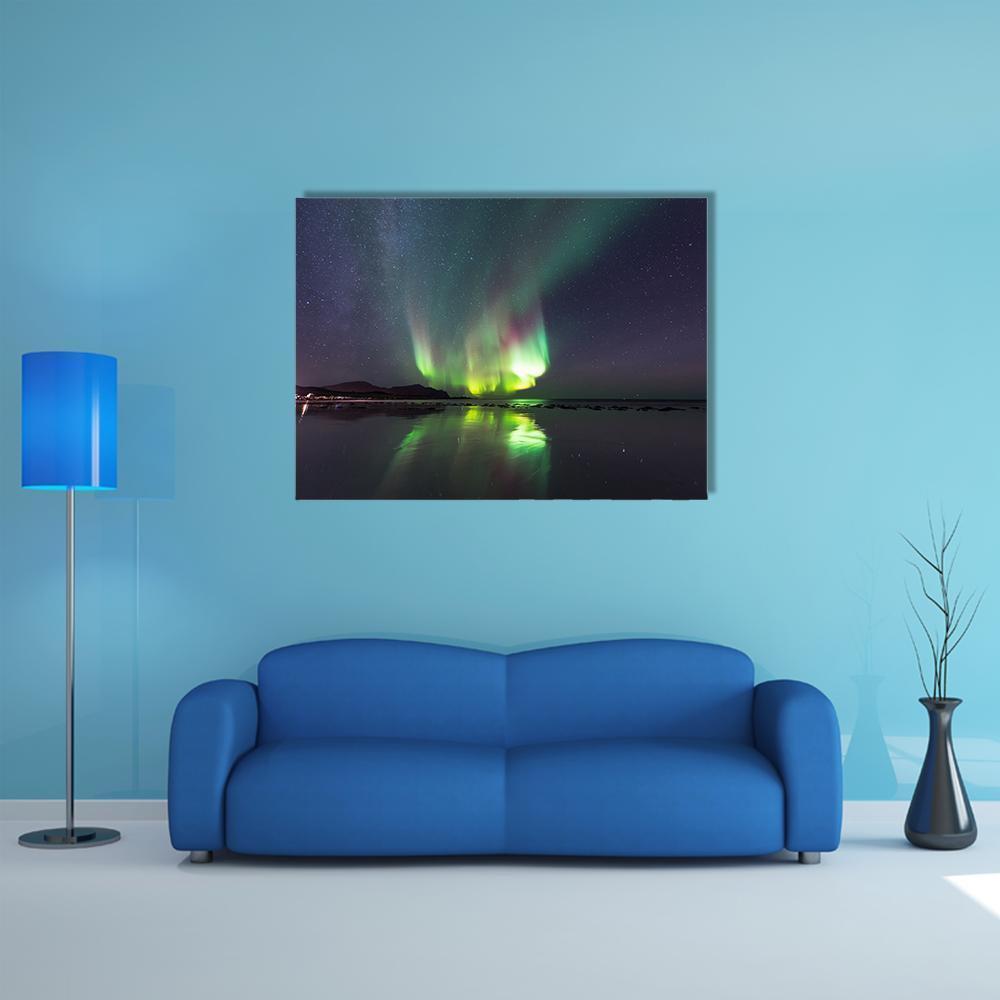 Northern Lights Over Skagsanden Beach Canvas Wall Art-1 Piece-Gallery Wrap-48" x 32"-Tiaracle