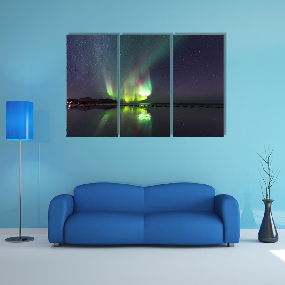 Northern Lights Over Skagsanden Beach Canvas Wall Art-3 Horizontal-Gallery Wrap-37" x 24"-Tiaracle