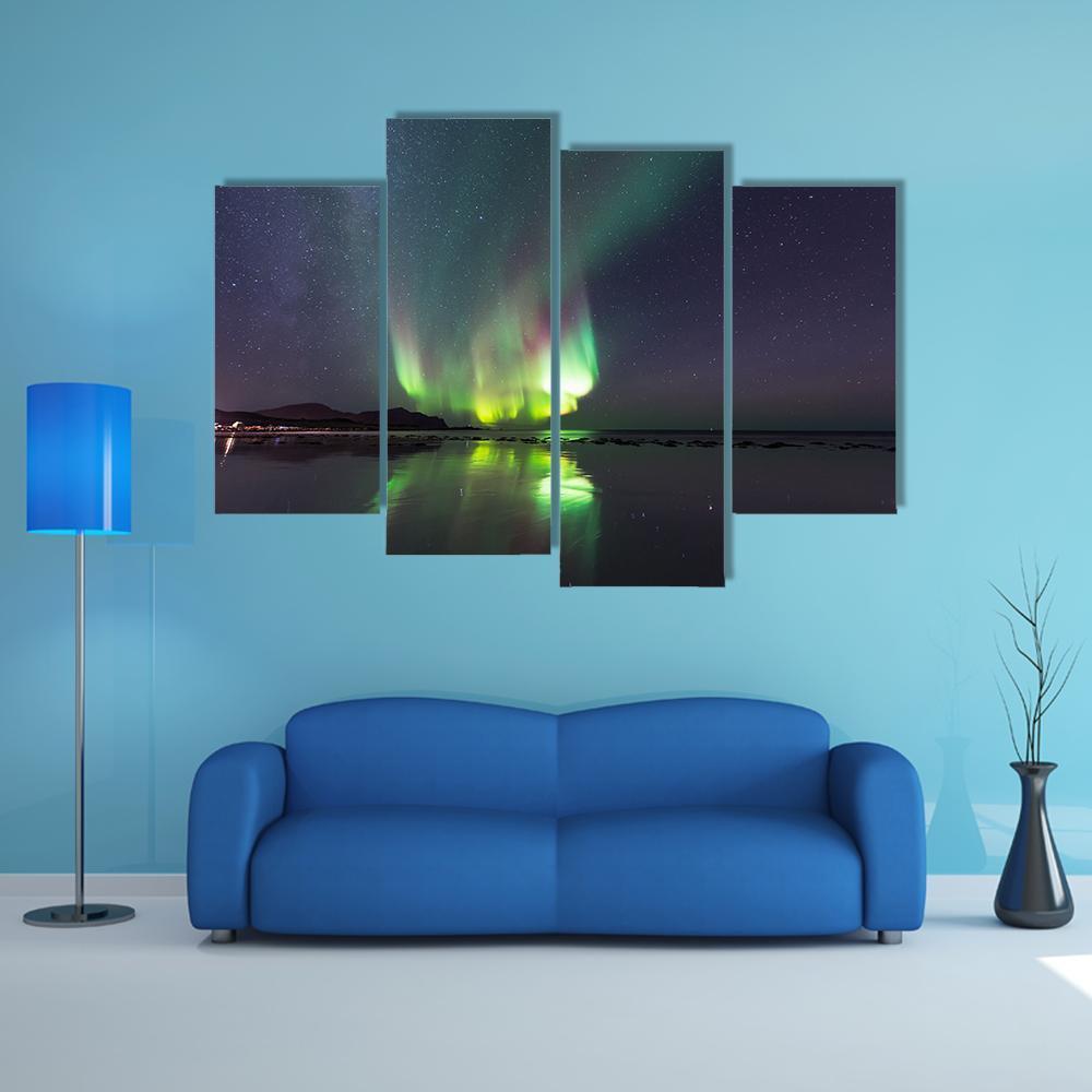 Northern Lights Over Skagsanden Beach Canvas Wall Art-4 Pop-Gallery Wrap-50" x 32"-Tiaracle