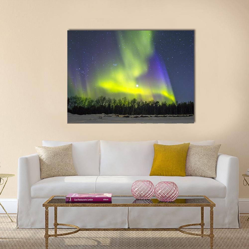 Northern Lights Over Snowy Forest Canvas Wall Art in green, blue and purple, single panel hung on a wall