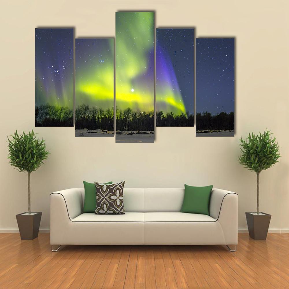 Northern Lights Over Snowscape Canvas Wall Art-5 Pop-Gallery Wrap-47" x 32"-Tiaracle
