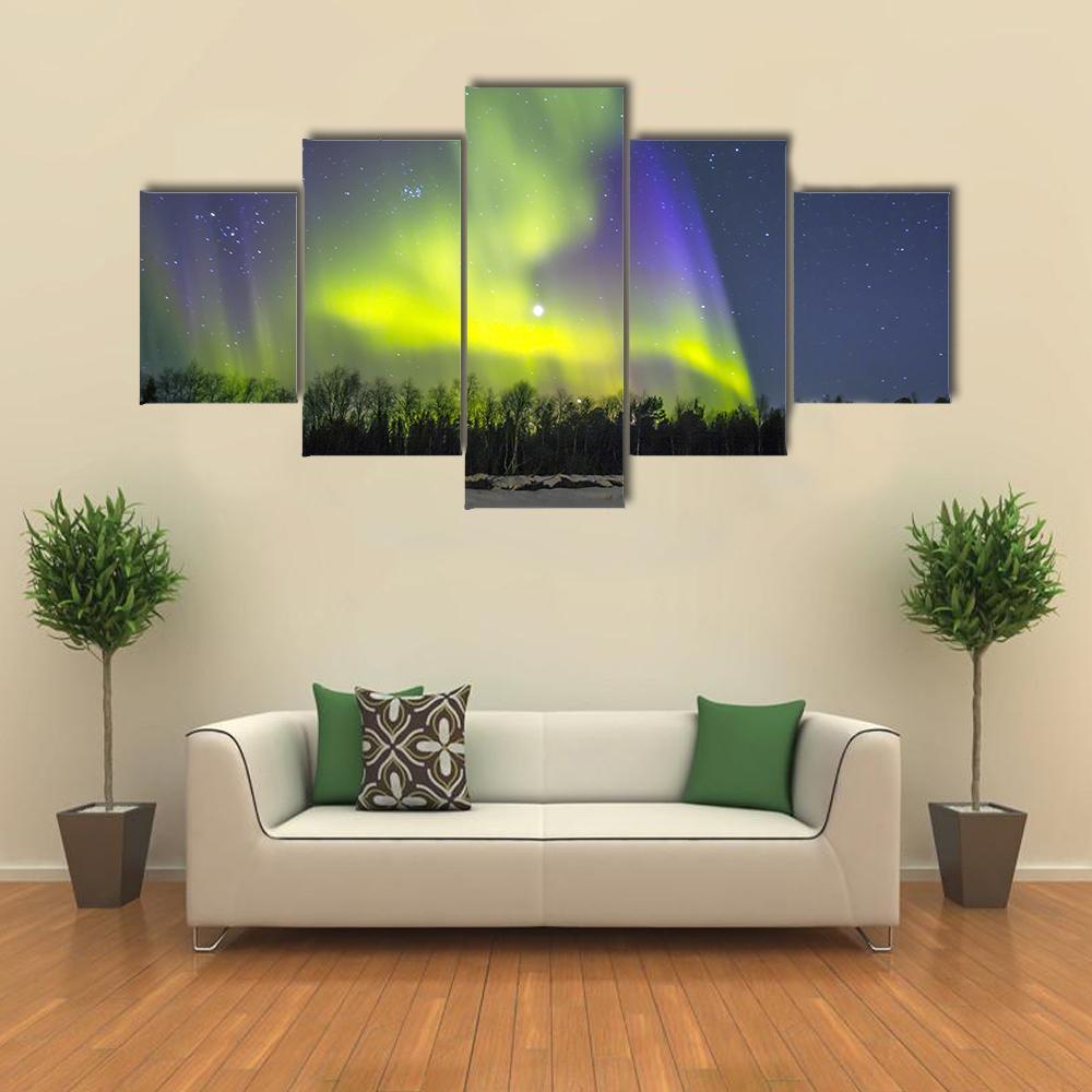 Northern Lights Over Snowscape Canvas Wall Art-5 Star-Gallery Wrap-62" x 32"-Tiaracle
