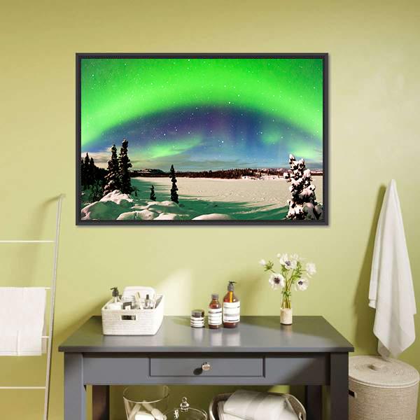 Northern Lights Over Snowy Landscape Canvas Wall Art-1 Piece-Floating Frame-24" x 16"-Tiaracle