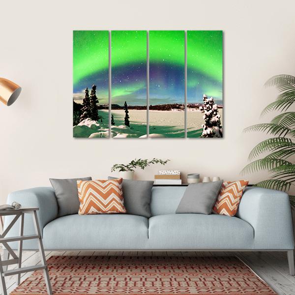 Northern Lights Over Snowy Landscape Canvas Wall Art-4 Horizontal-Gallery Wrap-34" x 24"-Tiaracle