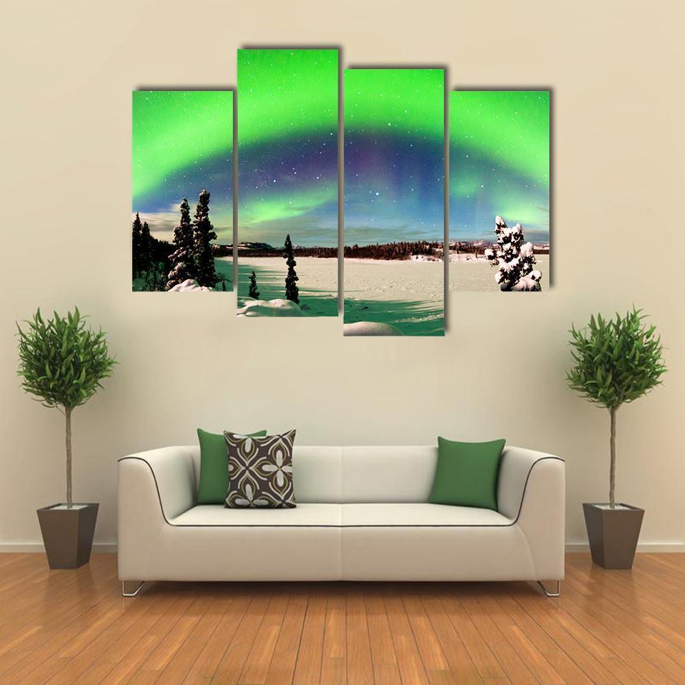 Northern Lights Over Snowy Landscape Canvas Wall Art-4 Pop-Gallery Wrap-50" x 32"-Tiaracle