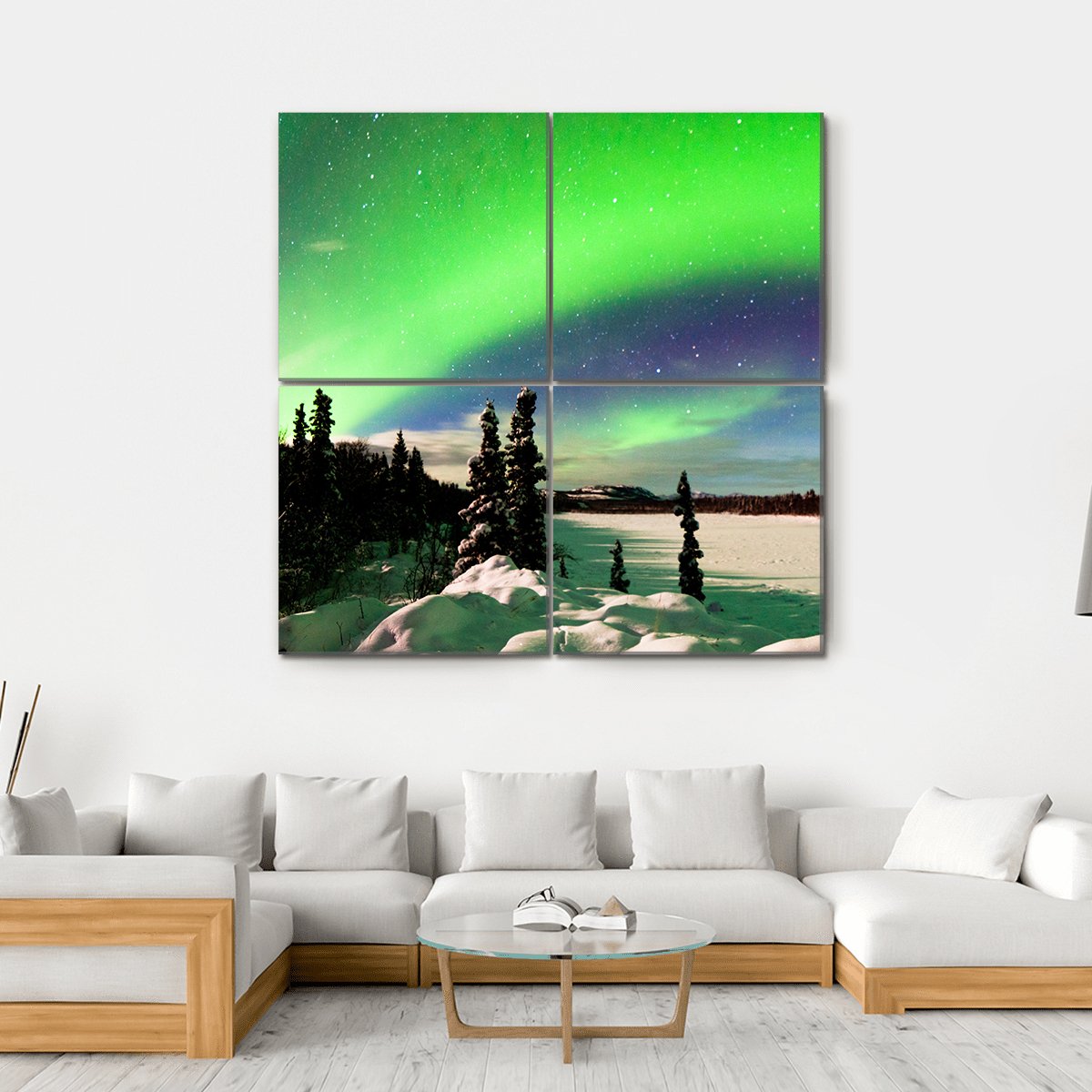 Northern Lights Over Snowy Landscape Canvas Wall Art-4 Square-Gallery Wrap-17" x 17"-Tiaracle