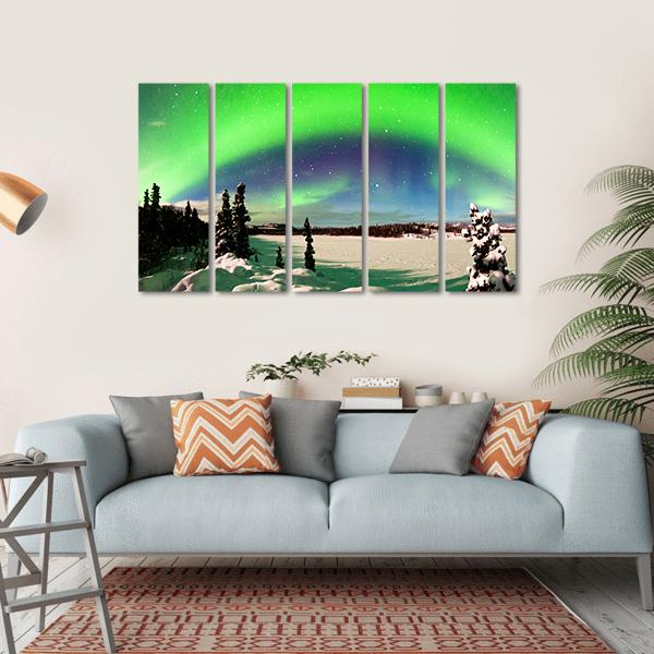 Northern Lights Over Snowy Landscape Canvas Wall Art-5 Horizontal-Gallery Wrap-22" x 12"-Tiaracle