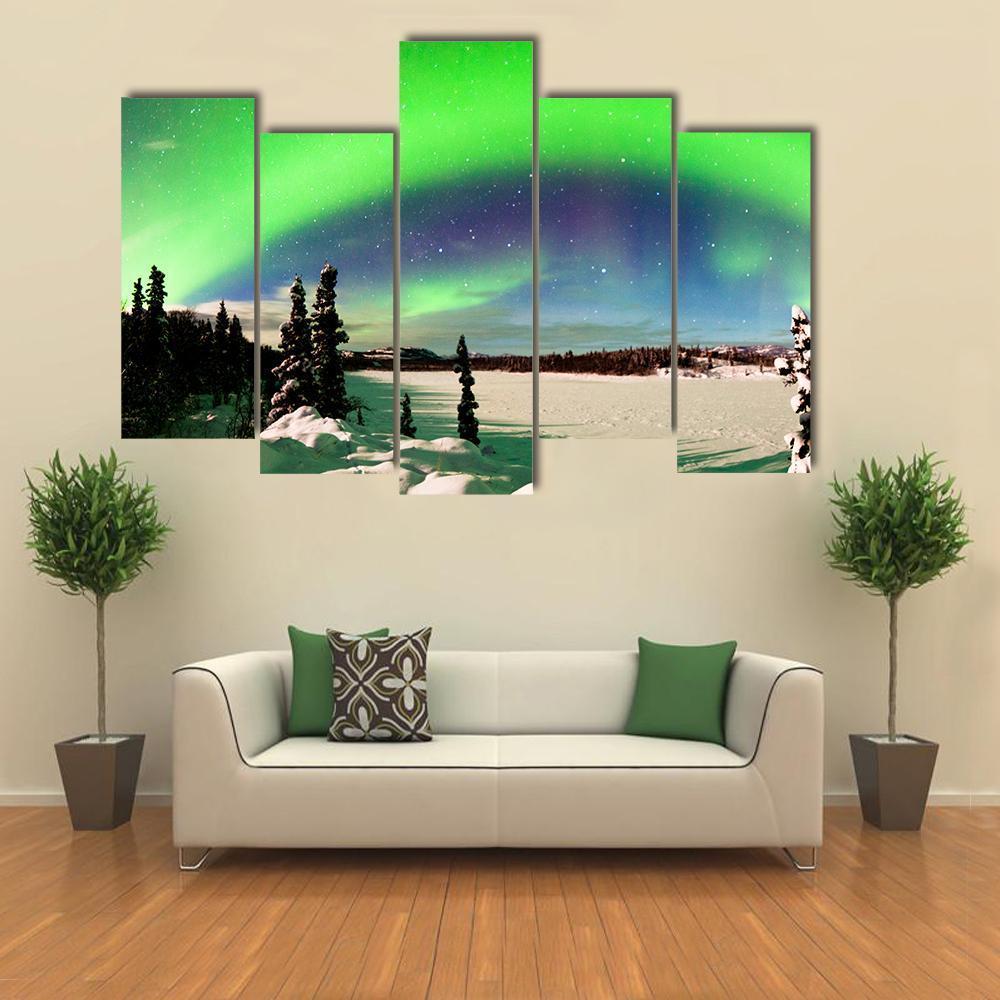 Northern Lights Over Snowy Landscape Canvas Wall Art-5 Pop-Gallery Wrap-47" x 32"-Tiaracle