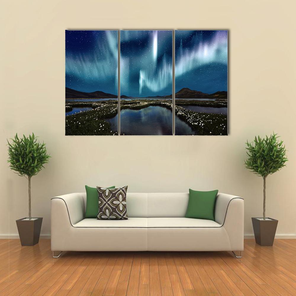 Northern Lights Over Wildflowers Canvas Wall Art in green, blue and purple, single panel hung on a wall