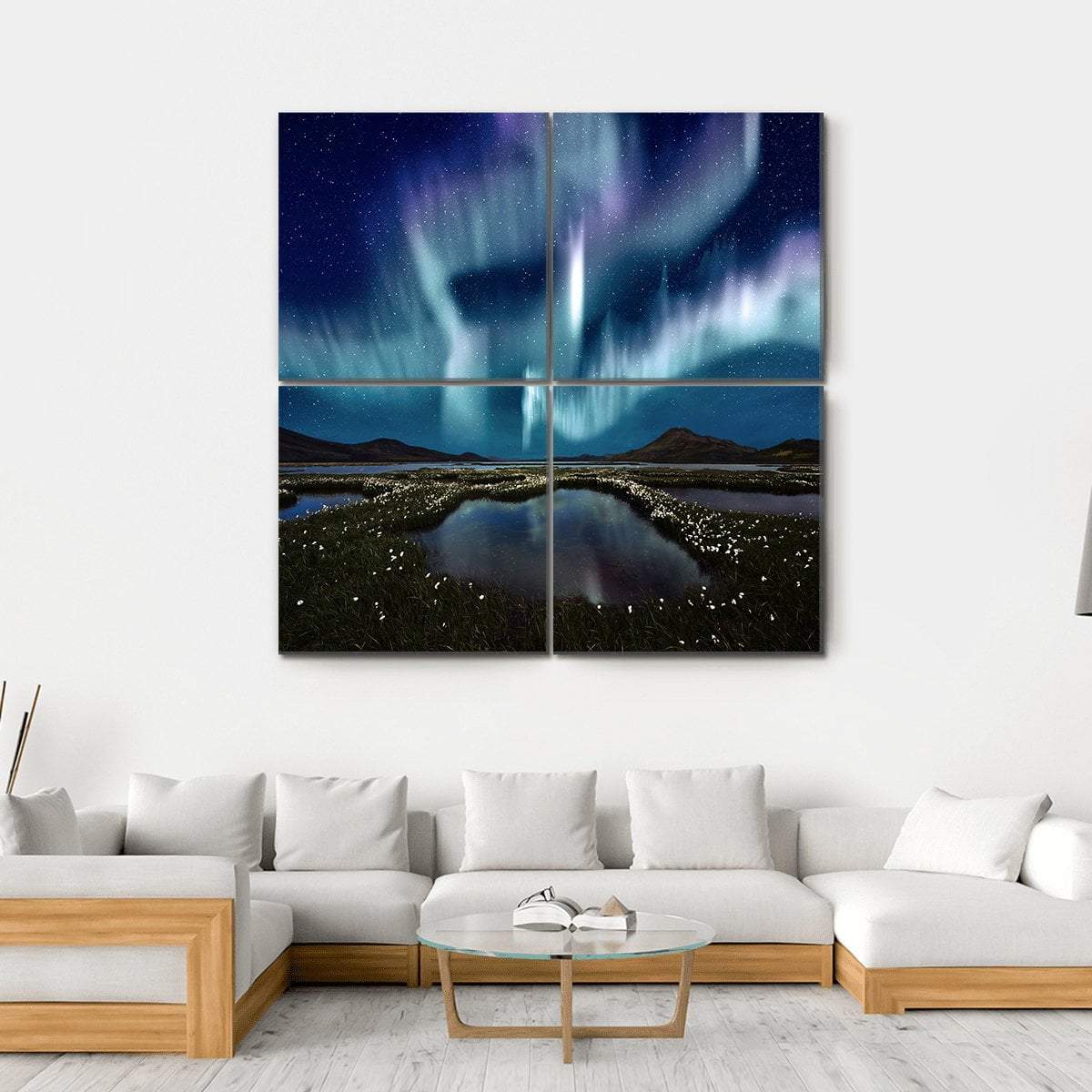 Northern Lights Over Wildflowers Canvas Wall Art-4 Square-Gallery Wrap-17" x 17"-Tiaracle