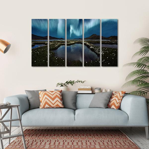 Northern Lights Over Wildflowers Canvas Wall Art-5 Horizontal-Gallery Wrap-22" x 12"-Tiaracle