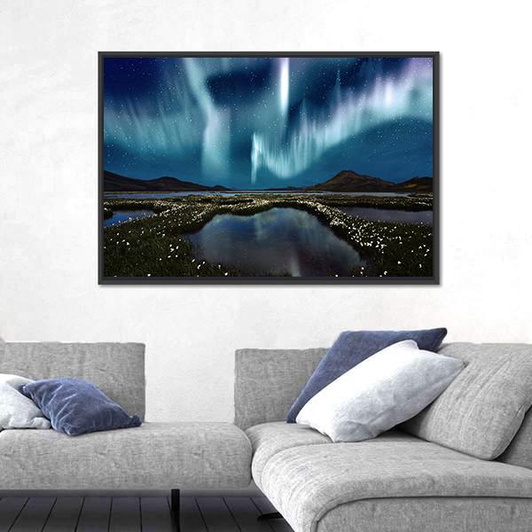 Northern Lights Over Wildflowers Canvas Wall Art-1 Piece-Floating Frame-24" x 16"-Tiaracle