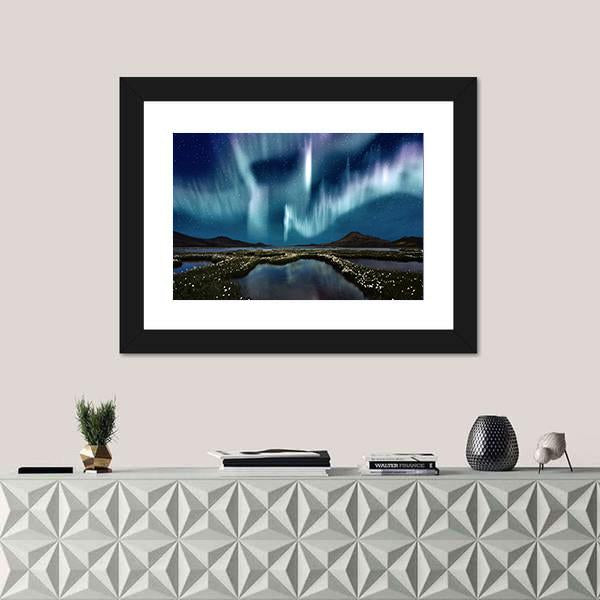 Northern Lights Over Wildflowers Canvas Wall Art-3 Horizontal-Gallery Wrap-25&quot; x 16&quot;-Tiaracle