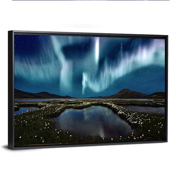 Northern Lights Over Wildflowers Canvas Wall Art-3 Horizontal-Gallery Wrap-25&quot; x 16&quot;-Tiaracle