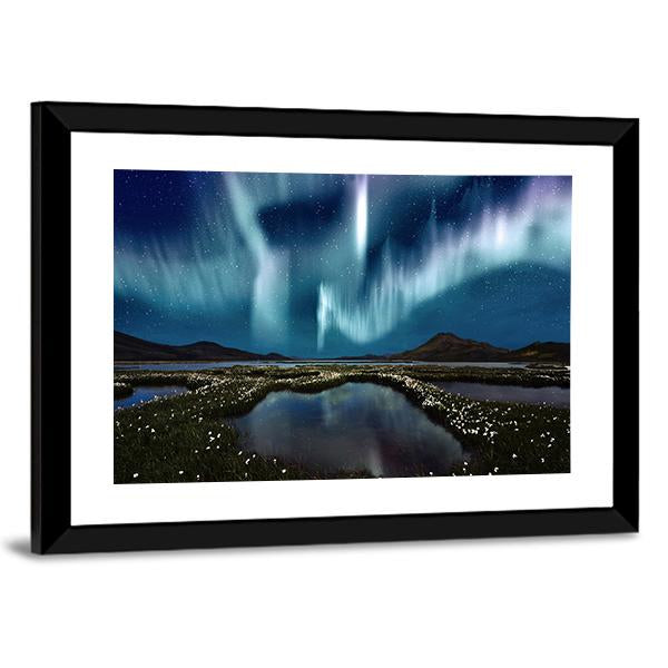 Northern Lights Over Wildflowers Canvas Wall Art-3 Horizontal-Gallery Wrap-25&quot; x 16&quot;-Tiaracle