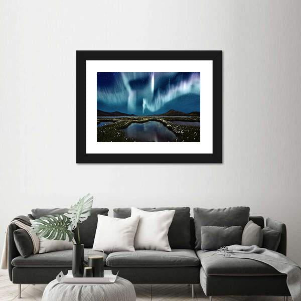 Northern Lights Over Wildflowers Canvas Wall Art in green, blue and purple, framed print, product view on a white background