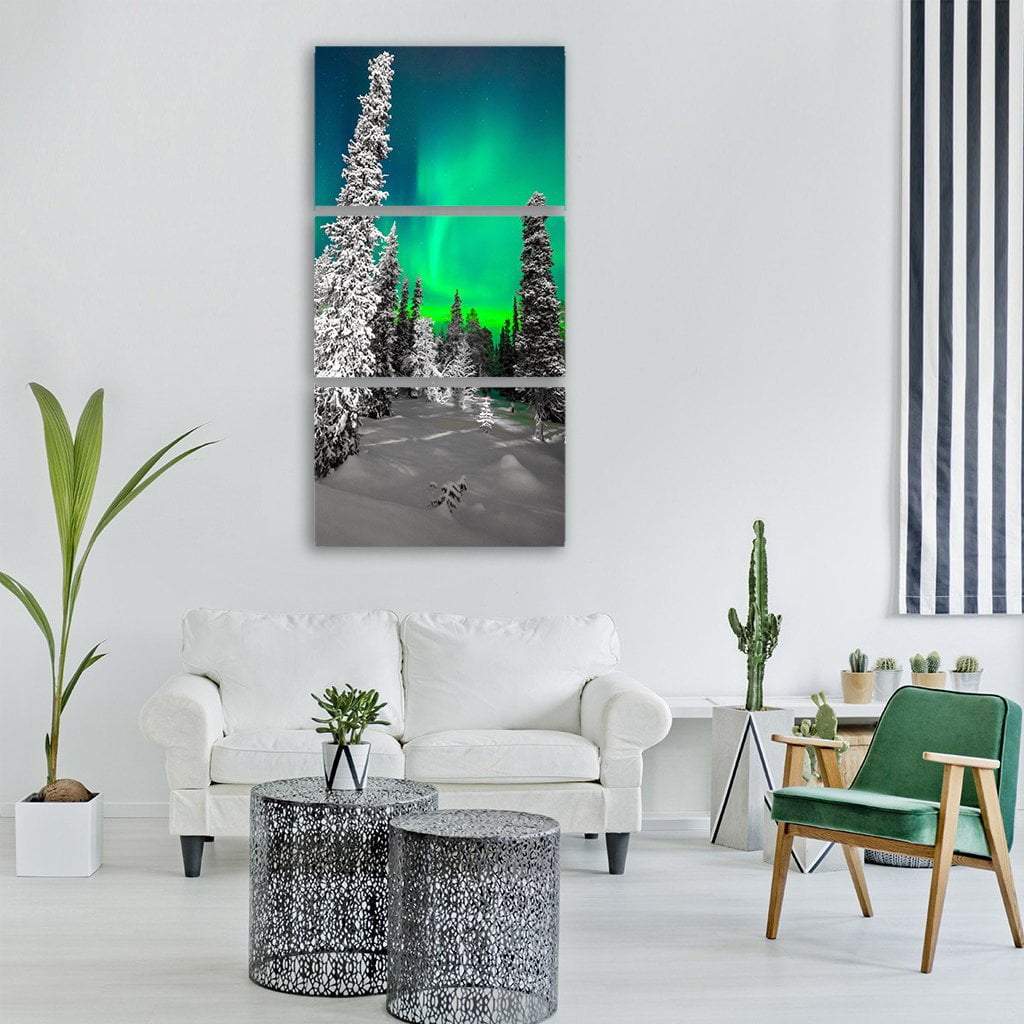 Northern Lights Over Winter Tree Vertical Canvas Wall Art-3 Vertical-Gallery Wrap-12" x 25"-Tiaracle