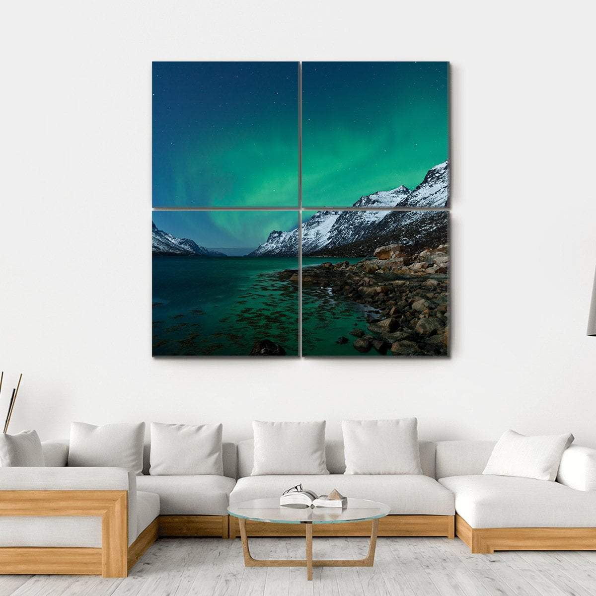 Aurora Borealis With Fjords Canvas Wall Art-4 Square-Gallery Wrap-17" x 17"-Tiaracle