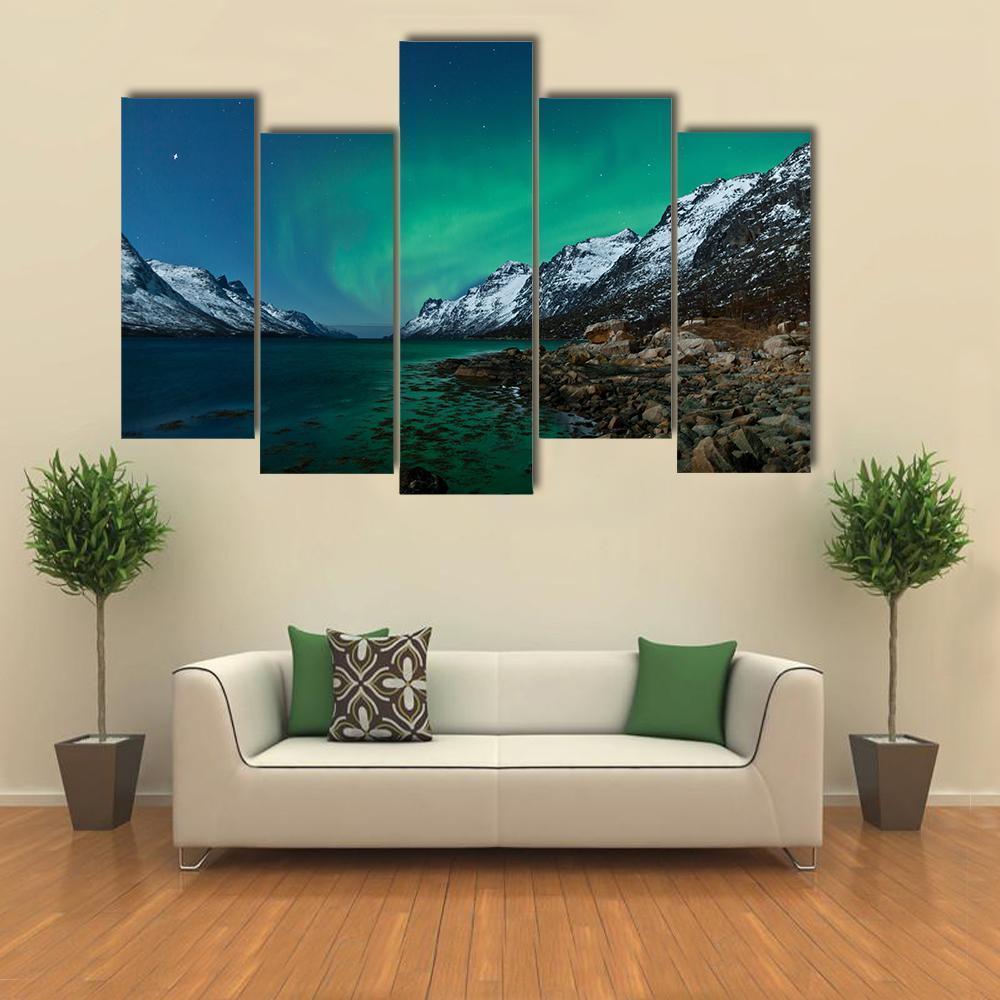 Aurora Borealis With Fjords Canvas Wall Art-5 Pop-Gallery Wrap-47&quot; x 32&quot;-Tiaracle