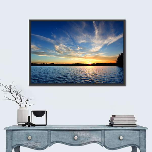 Northern Wisconsin Lake Sunset Canvas Wall Art in orange, yellow and blue, framed canvas, product view on a white background